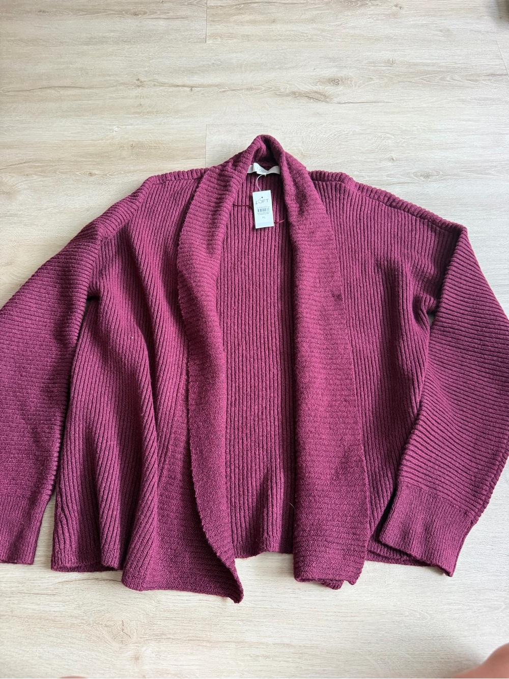LOFT Open-Front Cozy Soft Cardigan Sweater Ribbed Burgundy SZ XL NWT